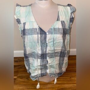 Wrangler Retro Plaid Ruffle Sleeve Top - Blue and White